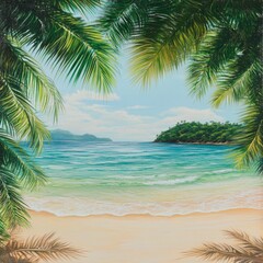 Sandy tropical beach with island on background