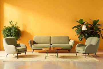 Boucle lounge chairs and sofa in classic room. Minimalist interior design of modern living room.