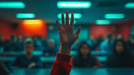 student raises their hand in a classroom, the focus on the hand while the background remains blurred. The image symbolizes curiosity, engagement, participation, and the pursuit of knowledge