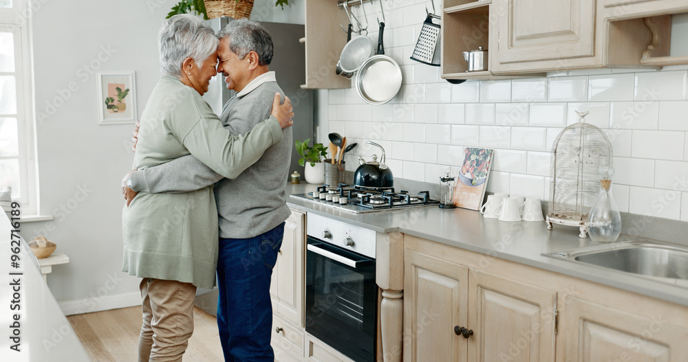 Poster Kitchen, hug and dancing with senior couple, love and bonding together with happiness, care and smile. House, mature man and old woman with embrace, movement and retirement with break and cheerful