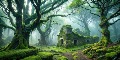 Mysterious fog swirls through twisted, ancient trees, casting eerie shadows on moss-covered ruins, surrounded by overgrown underbrush in a hauntingly beautiful, misty forest landscape.