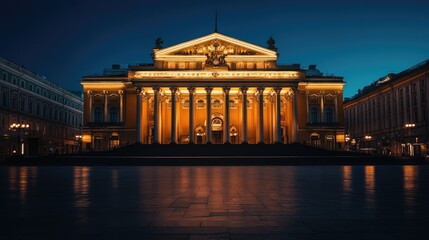Obraz premium Moscow's Bolshoi Theatre, grand facade illuminated at night with empty surroundings