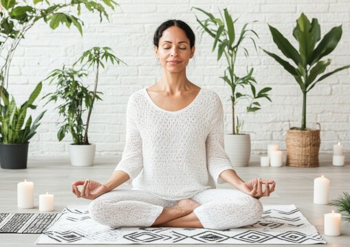 Serene Home Yoga Session - Middle-Aged Latina Woman Meditating Among Plants and Candles