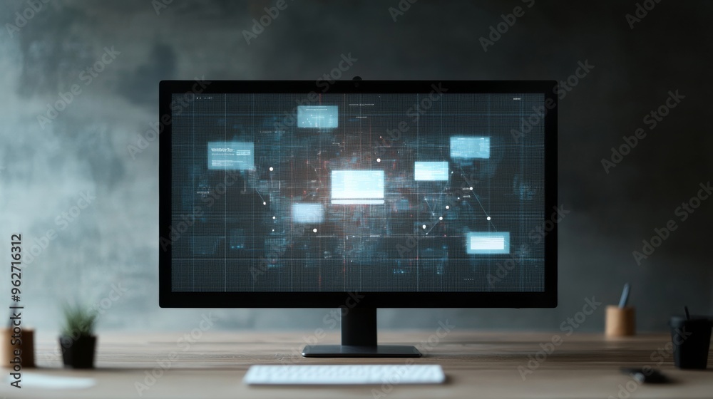 Poster Modern Home Workspace with Monitor Showing Virtual Collaboration Interface in Tech-Driven Era