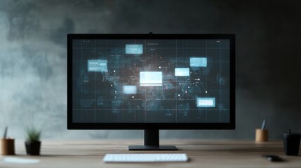 Modern Home Workspace with Monitor Showing Virtual Collaboration Interface in Tech-Driven Era