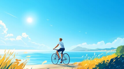 Fototapeta premium A serene cyclist enjoys the beautiful coastal view. The bright blue sky and calm sea create a peaceful atmosphere. This digital artwork captures the joy of cycling outdoors. AI
