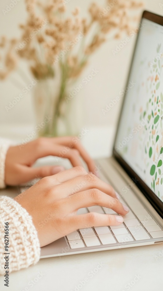 Poster Close-Up of Hands Typing on Laptop Keyboard with Reflected Digital Interfaces and Learning Materials