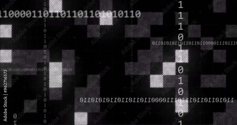 Poster animating binary code and pixelated patterns over black background