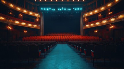 Obraz premium Empty auditorium in a grand theatre, with rows of seats and a majestic stage, capturing the serene atmosphere before a performance.