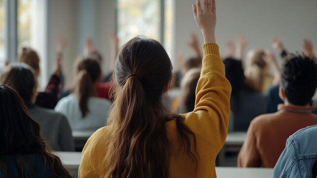 student raises their hand in a classroom, the focus on the hand while the background remains blurred. The image symbolizes curiosity, engagement, participation, and the pursuit of knowledge