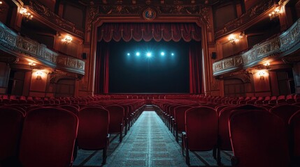 Empty theatre auditorium, showcasing the majestic architecture and serene atmosphere before the curtains rise.