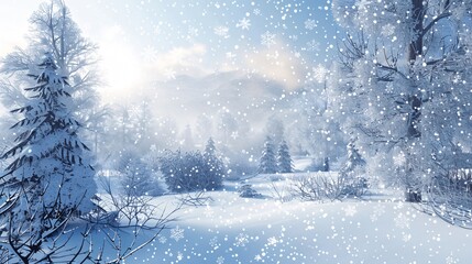 Snowy Winter Wonderland Forest Landscape With Falling Snow