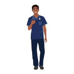 Bearded man nurse wearing scrubs. Flat vector Character illustration