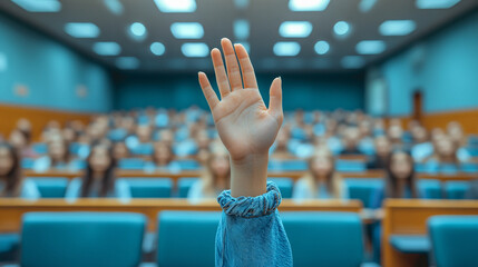 student raises their hand in a classroom, the focus on the hand while the background remains blurred. The image symbolizes curiosity, engagement, participation, and the pursuit of knowledge