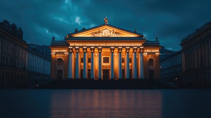 Obraz premium Moscow's Bolshoi Theatre, grand facade illuminated at night with empty surroundings