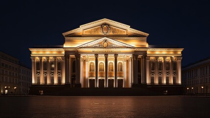 Obraz premium Moscow's Bolshoi Theatre, grand facade illuminated at night with empty surroundings
