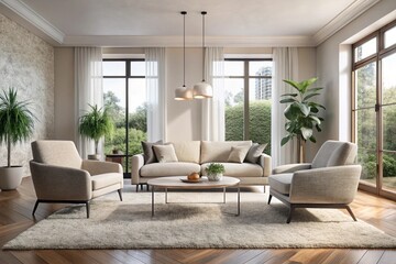 Boucle lounge chairs and sofa in classic room. Minimalist interior design of modern living room.