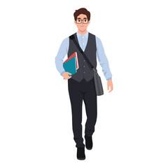 Young man student with glasses is standing and holding a book. Flat vector Character illustration