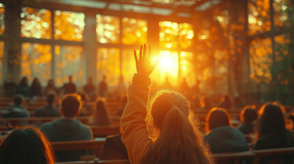 student raises their hand in a classroom, the focus on the hand while the background remains blurred. The image symbolizes curiosity, engagement, participation, and the pursuit of knowledge