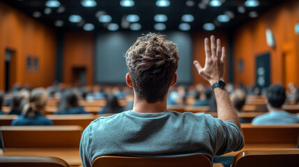 student raises their hand in a classroom, the focus on the hand while the background remains blurred. The image symbolizes curiosity, engagement, participation, and the pursuit of knowledge