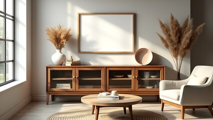 Home interior mock up, cozy modern room with natural wooden furniture