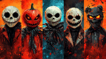 Five spooky characters in Halloween costumes, ready for a fright.