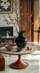 A masterpiece of modern design: this wooden dining table with a marble top transforms any dining space into a stylish gathering spot.