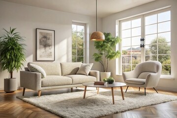 Boucle lounge chairs and sofa in classic room. Minimalist interior design of modern living room.