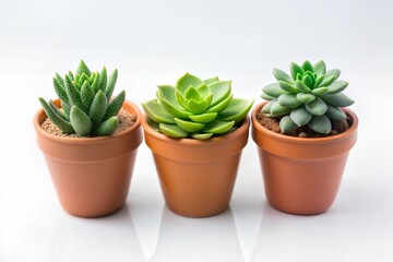 Fototapeta premium Three green succulent plants in brown pots on white background indoor photography