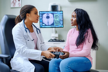 Fototapeta premium A female doctor is talking to her patient during a consultation, sitting across from one another in a medical office.