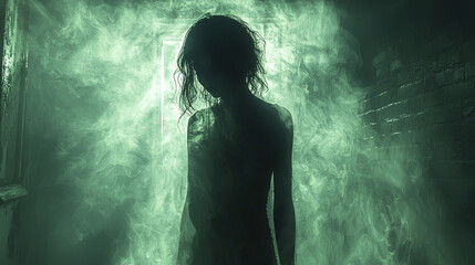 Fototapeta premium A woman's silhouette stands in a dark room filled with green smoke.