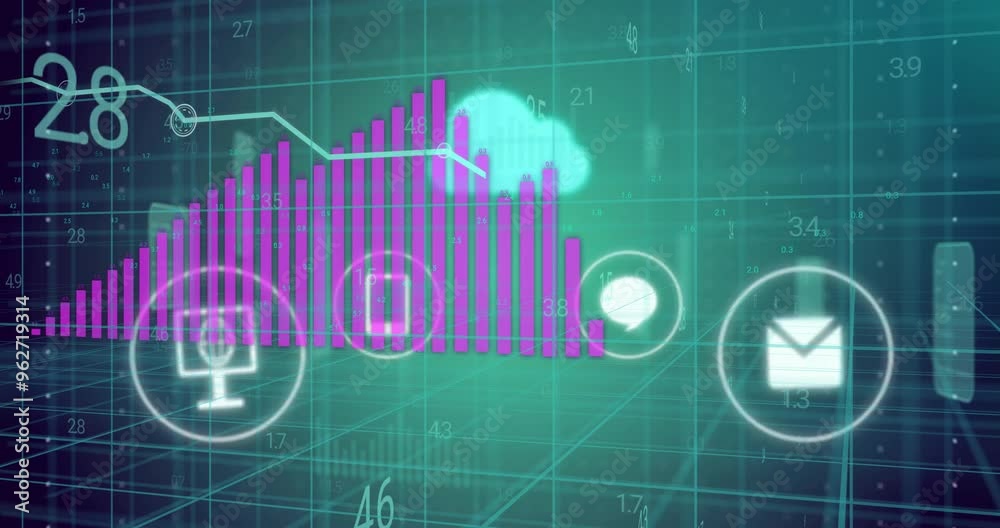 Poster bar chart and cloud computing icons animation over digital grid background