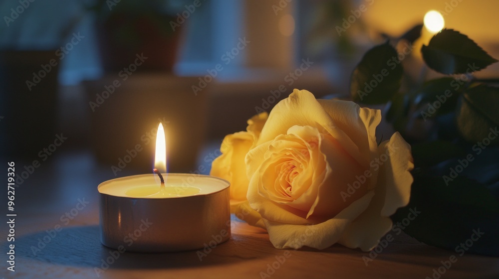 Sticker A serene candle next to a beautiful yellow rose creates a peaceful ambiance. The soft glow of the candlelight enhances the natural beauty of the flower. Perfect for relaxation. AI