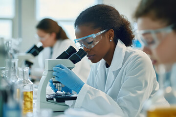 A female scientist in a lab coat and safety glasses is looking through a microscope during a research experiment.