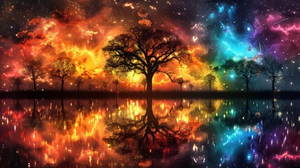 Fototapeta premium A vibrant cosmic landscape featuring silhouetted trees reflecting in a colorful lake under a starry sky.