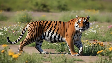 Naklejka premium This captivating photograph presents a striking image of a tiger striding confidently through a vibrant field of wildflowers.
