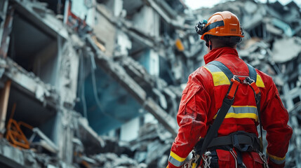 Close-up Rescuer search trough ruins of building. Engineer checking buildings damaged by earthquakes