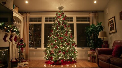 A Christmas tree is lit up in a living room