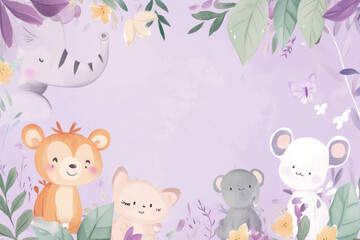 Playful Baby Shower Invitation with Animal Illustrations and Pastel Accents on Iris Purple Background and Whimsical Design