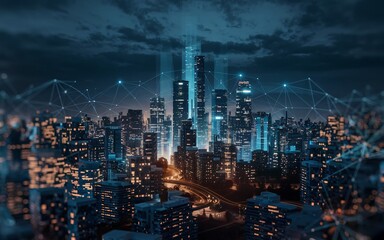 Obraz premium A 3D render of a futuristic cityscape at night. The city is lit up with blue and orange lights, creating a glowing effect. The buildings are tall and modern,