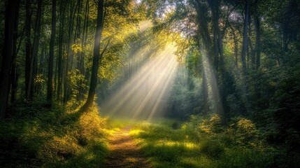 Bright rays illuminating a forest