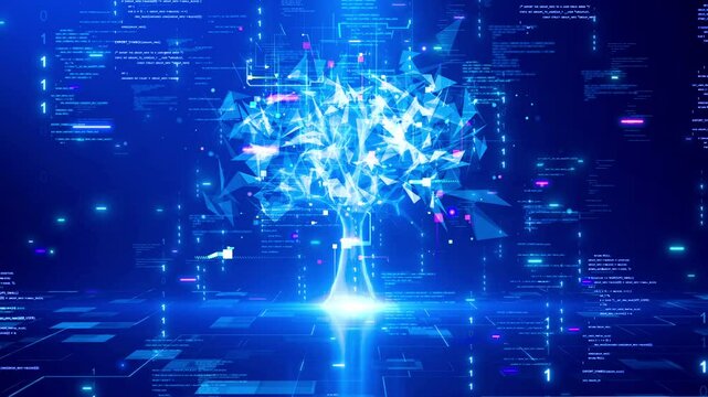 A glowing tree symbolizing artificial intelligence or the growth of digital technology data, with binary code and abstract algorithms on a dark blue background.