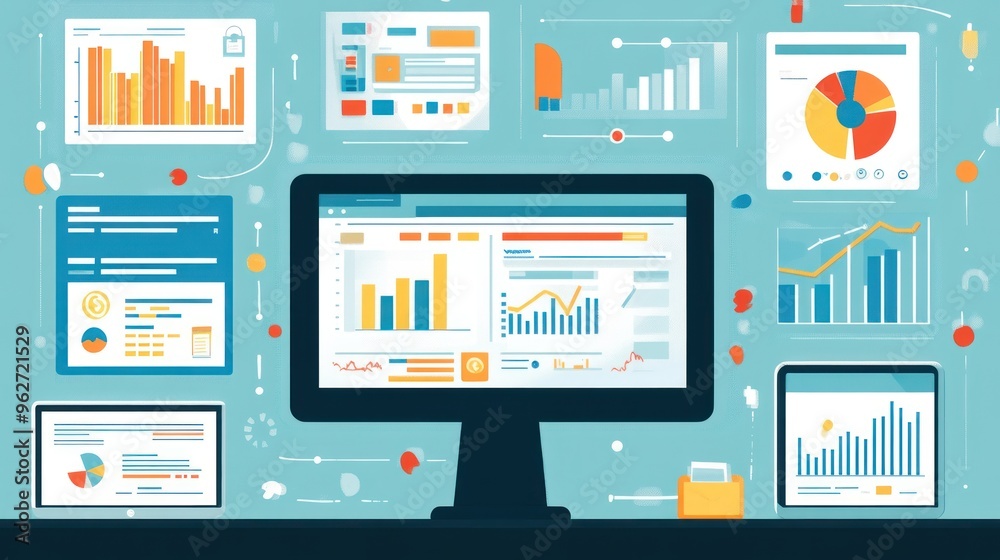 Poster business data analysis, charts and graphs on computer screen