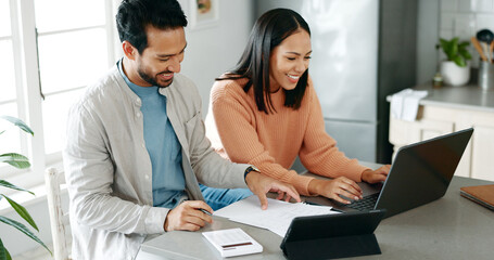 Kitchen, couple and happy with laptop for finance, track expenses and success for budget goals....