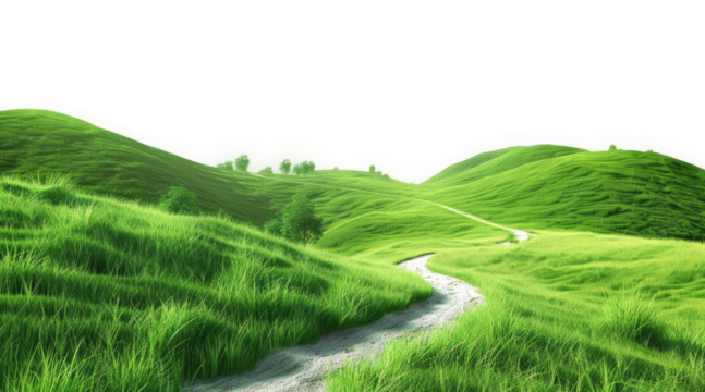 green grassland farm landscape with roadway on transparent background