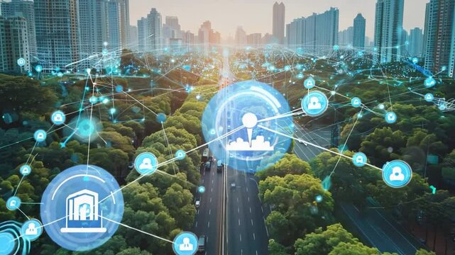 A futuristic view of a smart city with digital networks connecting buildings and infrastructure.