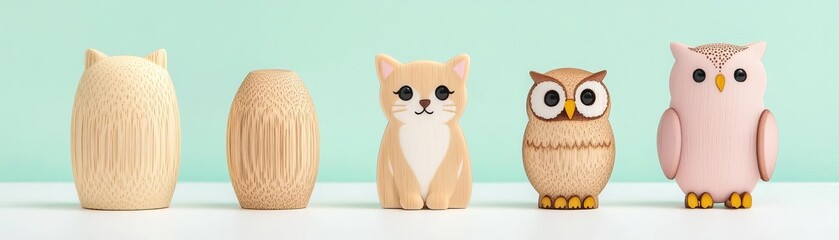Obraz premium Cute Animal-Shaped Wooden Keychains, cat, dog, owl, playful design, children s accessories, colorful background, fun and creative