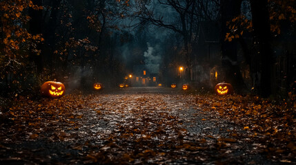 Jack-o'-lanterns line a spooky path leading to a mysterious house.