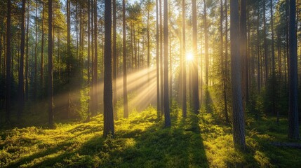 Fototapeta premium Bright rays illuminating a forest