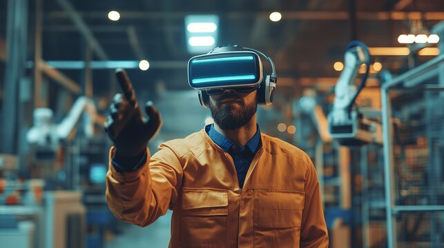 engineer wearing a virtual reality headset in a digital factory, interacting with smart robot arms for production technology, moving hands and observing data in a high-tech manufacturing environment